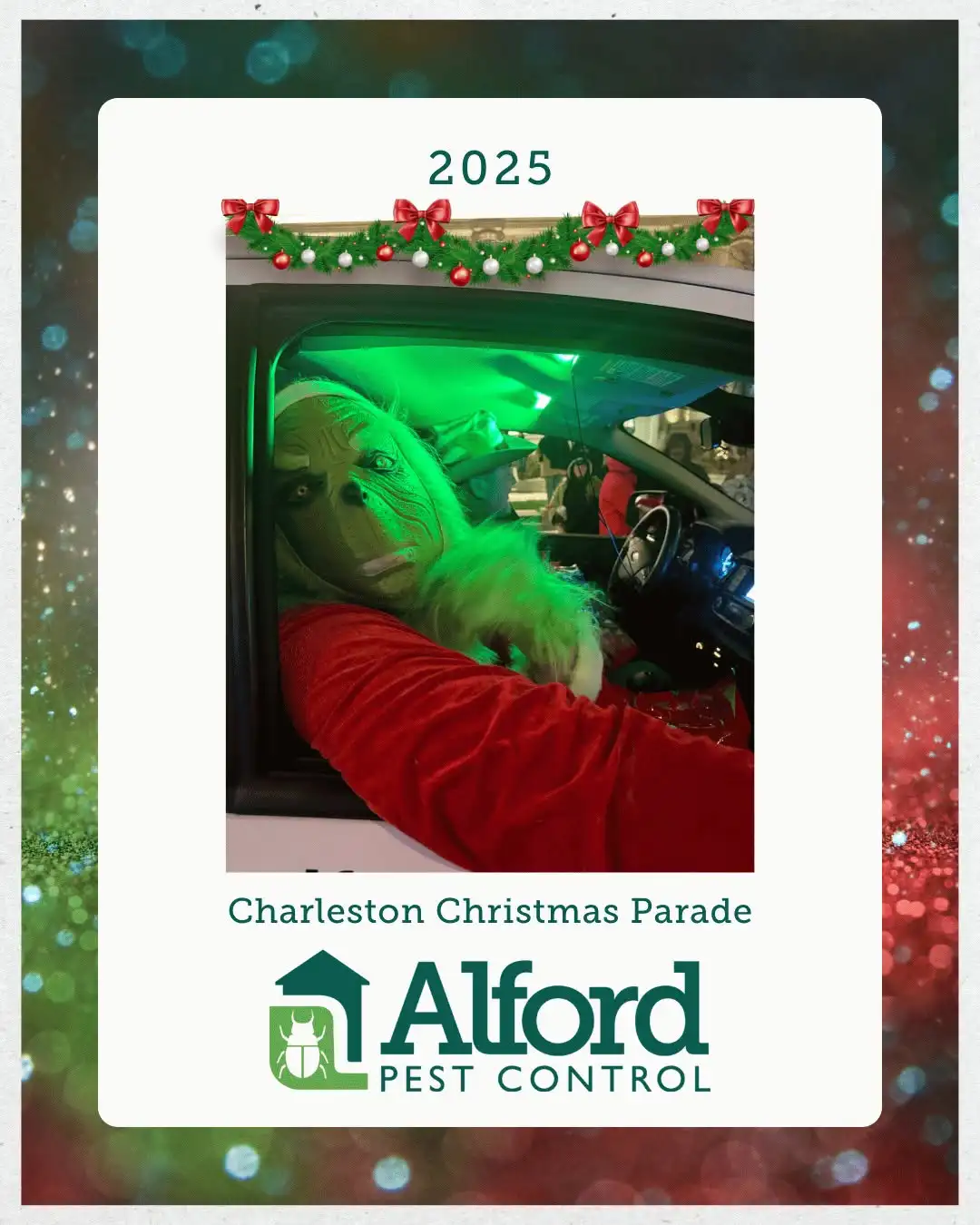 Alford at the 2025 Charleston Christmas Parade with the Grinch